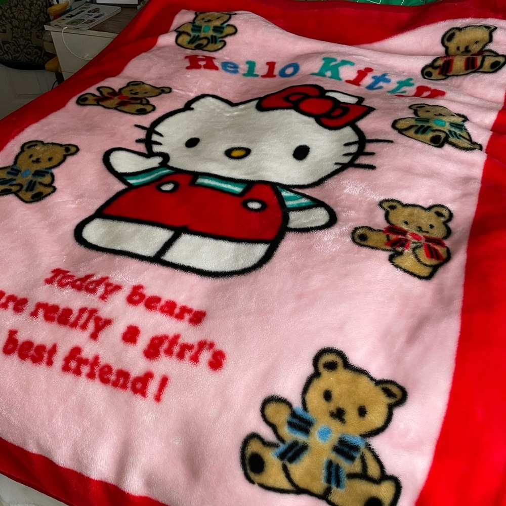 Vintage SANRIO Hello Kitty Teddy bears plush Blanket 90s - RARE!!
